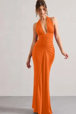 Payton | Orange Ruched Halter-Neck Maxi Dress
