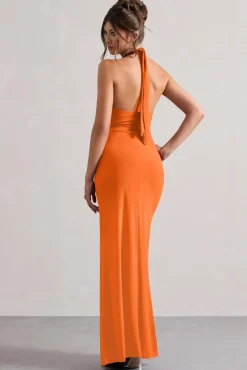 Payton | Orange Ruched Halter-Neck Maxi Dress