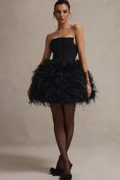 Peaches | Black Strapless Mini Dress With Volume Feather Hem