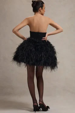 Peaches | Black Strapless Mini Dress With Volume Feather Hem