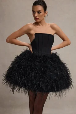 Peaches | Black Strapless Mini Dress With Volume Feather Hem