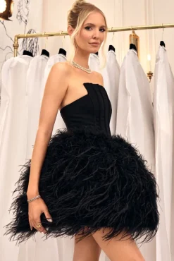 Peaches | Black Strapless Mini Dress With Volume Feather Hem