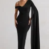 Pedra | Black One Shoulder Cape Sleeve Draped Maxi Dress