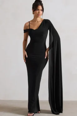 Pedra | Black One Shoulder Cape Sleeve Draped Maxi Dress