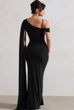 Pedra | Black One Shoulder Cape Sleeve Draped Maxi Dress