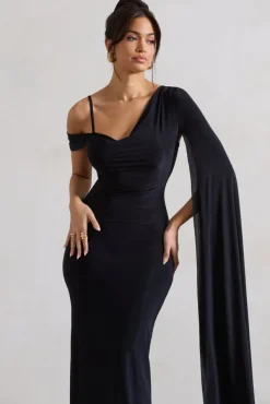 Pedra | Black One Shoulder Cape Sleeve Draped Maxi Dress