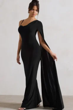Pedra | Black One Shoulder Cape Sleeve Draped Maxi Dress