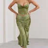 Per Favore | Olive Satin Ruched Split Maxi Skirt