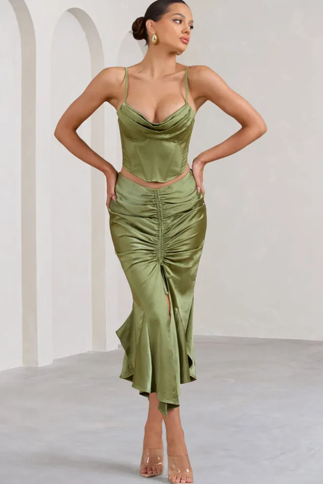 Per Favore | Olive Satin Ruched Split Maxi Skirt