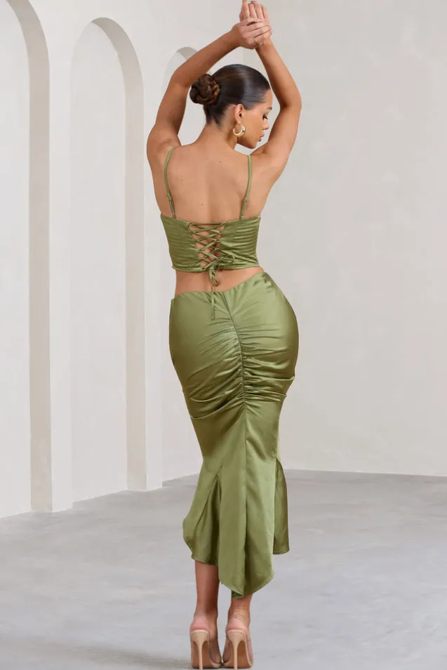 Per Favore | Olive Satin Ruched Split Maxi Skirt