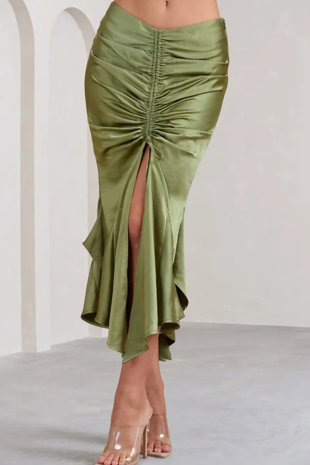 Per Favore | Olive Satin Ruched Split Maxi Skirt