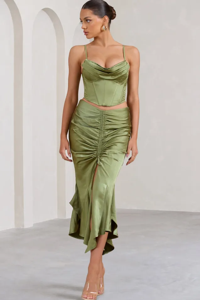 Per Favore | Olive Satin Ruched Split Maxi Skirt
