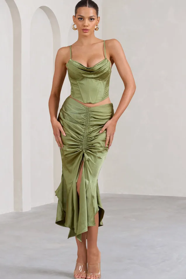 Per Favore | Olive Satin Ruched Split Maxi Skirt
