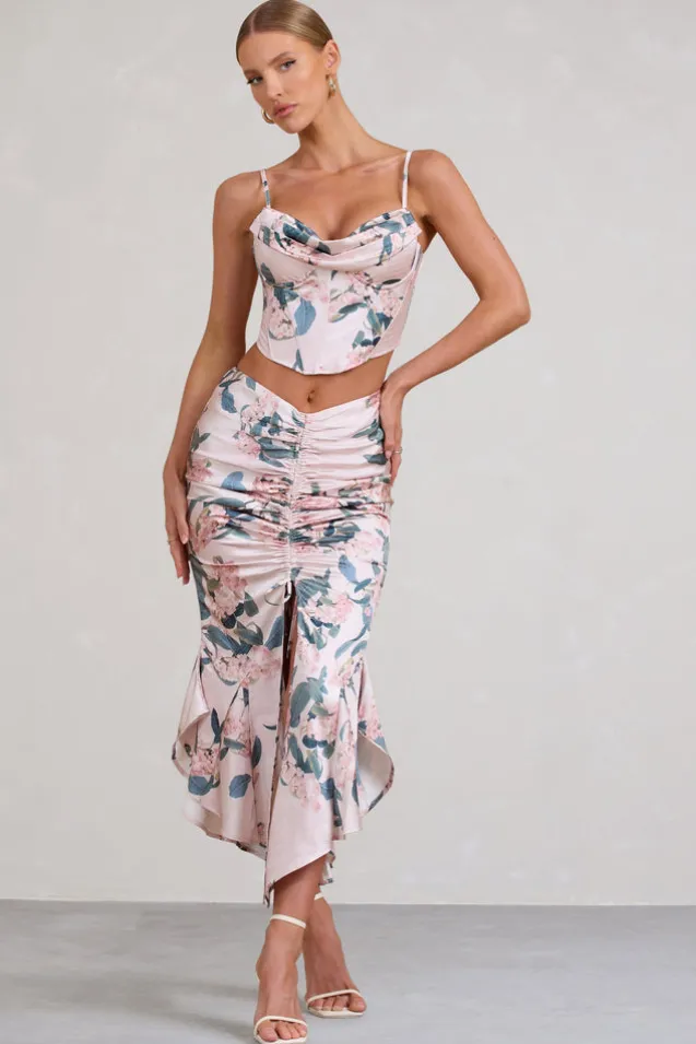 Per Favore | Pink Satin Ruched Split Maxi Skirt