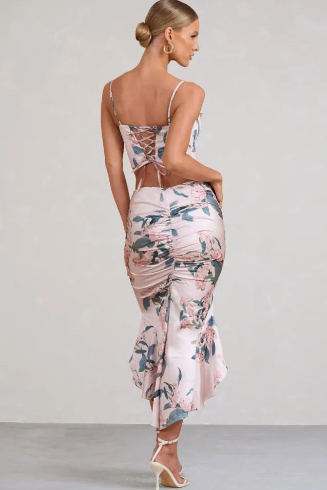 Per Favore | Pink Satin Ruched Split Maxi Skirt