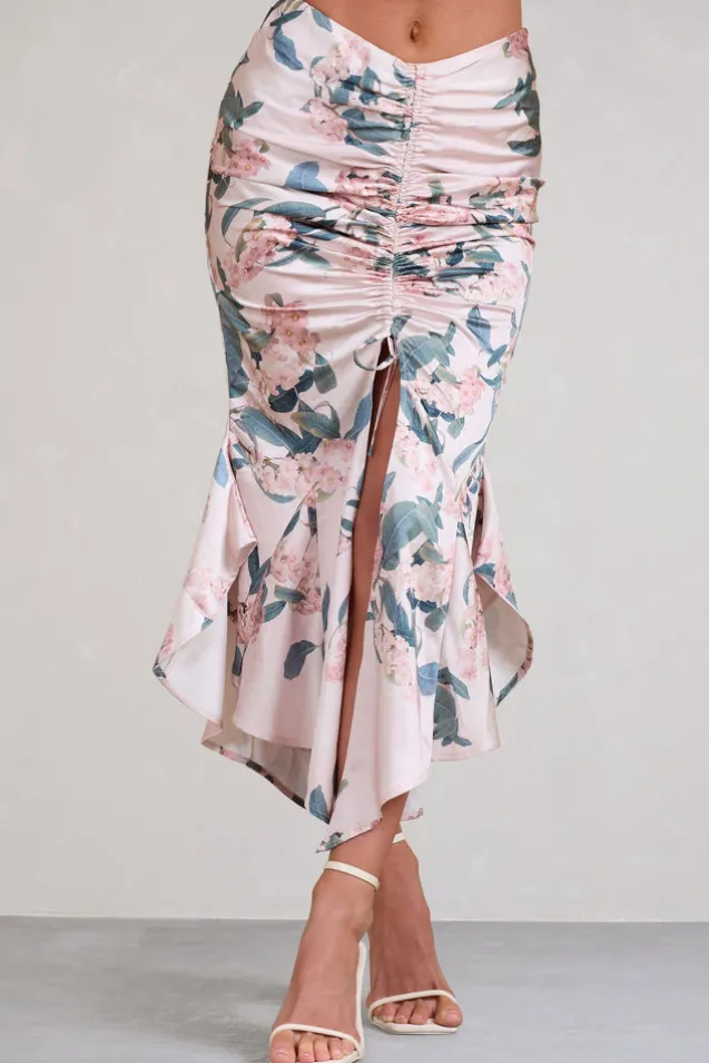 Per Favore | Pink Satin Ruched Split Maxi Skirt