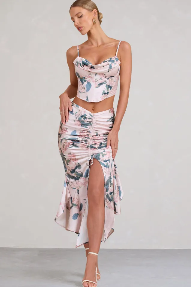 Per Favore | Pink Satin Ruched Split Maxi Skirt