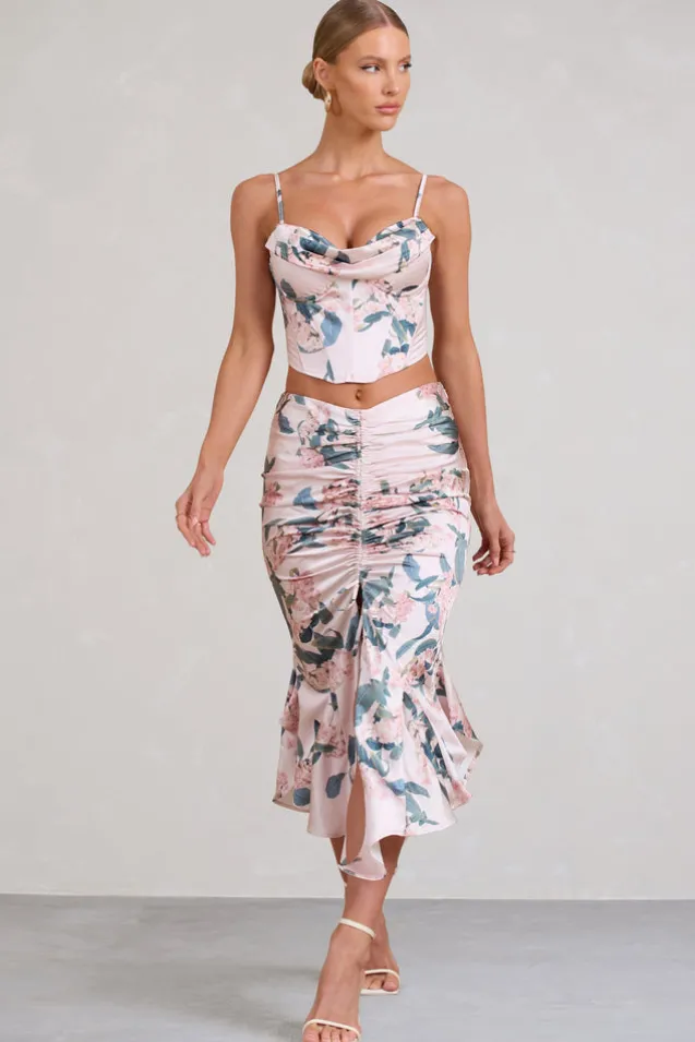 Per Favore | Pink Satin Ruched Split Maxi Skirt