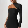 Perfect Touch | Black One Shoulder Long Sleeve Mini Dress