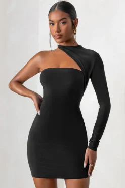 Perfect Touch | Black One Shoulder Long Sleeve Mini Dress