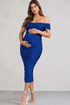 Perfection | Cobalt Blue Off Shoulder Ruched Maternity Midi Dress
