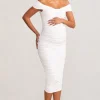 Perfection | White Maternity Bardot Knot Ruched Midi Dress