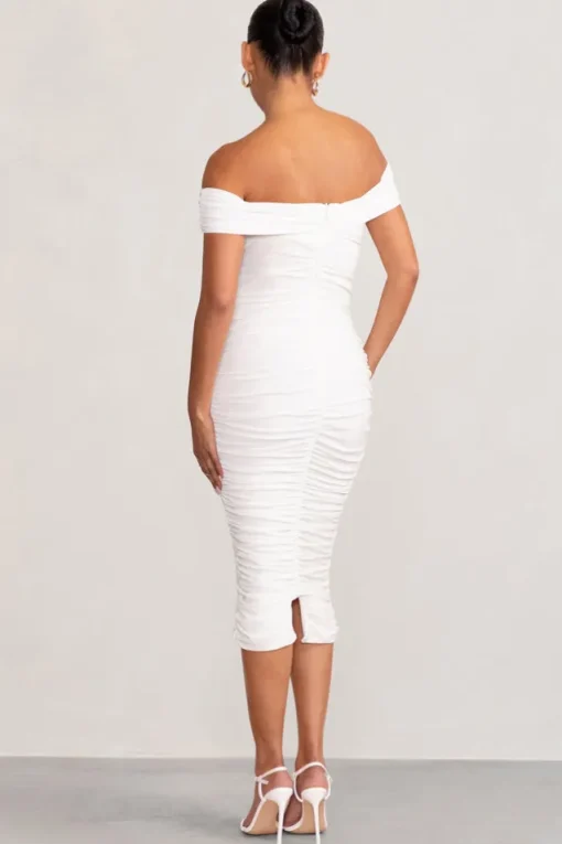 Perfection | White Maternity Bardot Knot Ruched Midi Dress