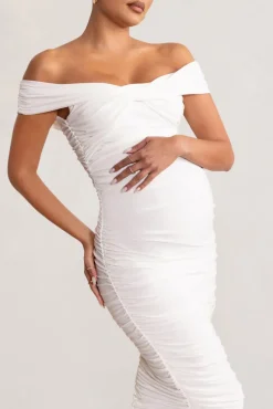 Perfection | White Maternity Bardot Knot Ruched Midi Dress