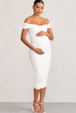 Perfection | White Maternity Bardot Knot Ruched Midi Dress
