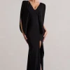 Perry | Black V-Neck Cape Sleeve Split Maxi Dress