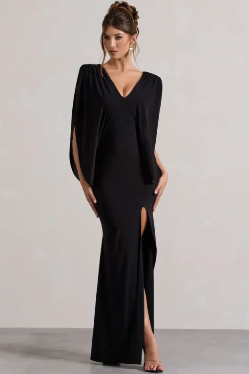 Perry | Black V-Neck Cape Sleeve Split Maxi Dress