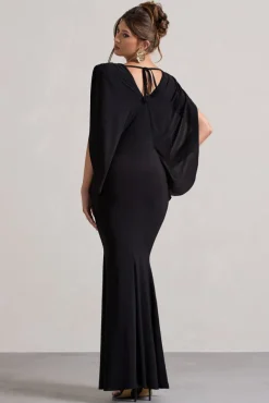 Perry | Black V-Neck Cape Sleeve Split Maxi Dress