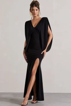 Perry | Black V-Neck Cape Sleeve Split Maxi Dress