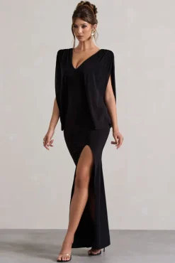 Perry | Black V-Neck Cape Sleeve Split Maxi Dress
