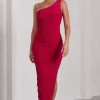 Persia | Red One Shoulder Side Split Ruched Maxi Dress