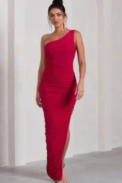 Persia | Red One Shoulder Side Split Ruched Maxi Dress