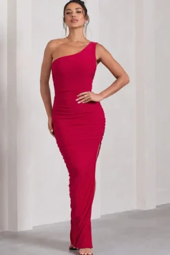 Persia | Red One Shoulder Side Split Ruched Maxi Dress