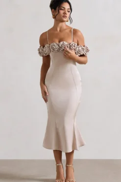Petunia | Champagne Satin Floral Bardot Midi Dress