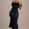 Petunia | Navy Satin Floral Bardot Midi Dress