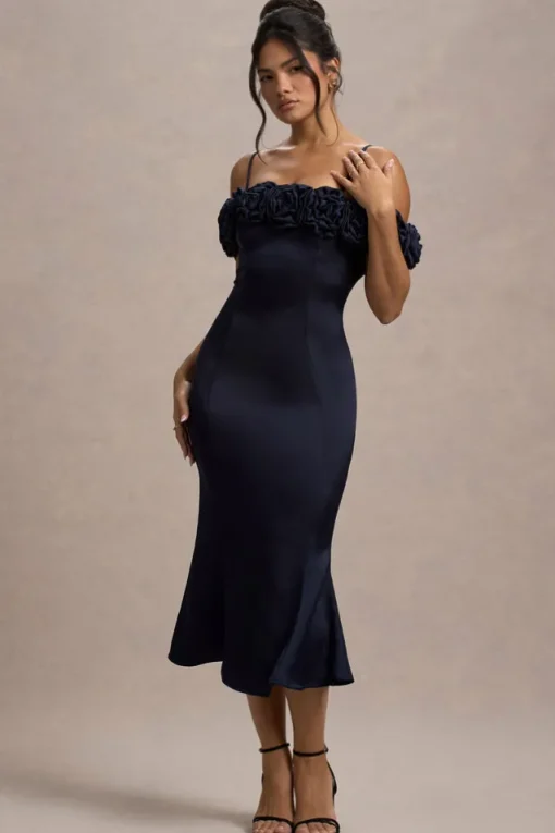 Petunia | Navy Satin Floral Bardot Midi Dress