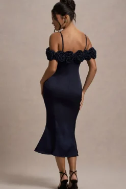 Petunia | Navy Satin Floral Bardot Midi Dress