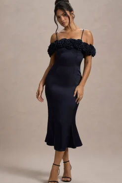 Petunia | Navy Satin Floral Bardot Midi Dress