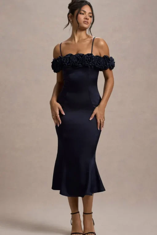 Petunia | Navy Satin Floral Bardot Midi Dress