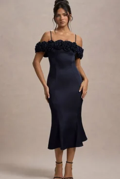 Petunia | Navy Satin Floral Bardot Midi Dress