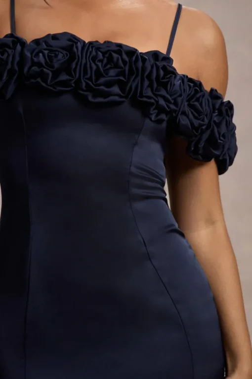 Petunia | Navy Satin Floral Bardot Midi Dress