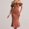 Petunia | Rust Satin Floral Bardot Midi Dress