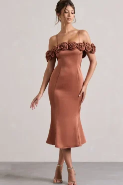 Petunia | Rust Satin Floral Bardot Midi Dress