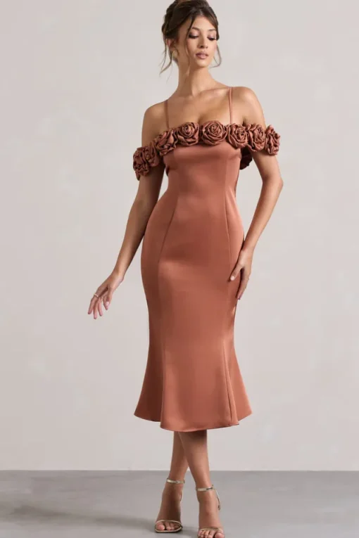 Petunia | Rust Satin Floral Bardot Midi Dress
