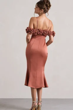Petunia | Rust Satin Floral Bardot Midi Dress