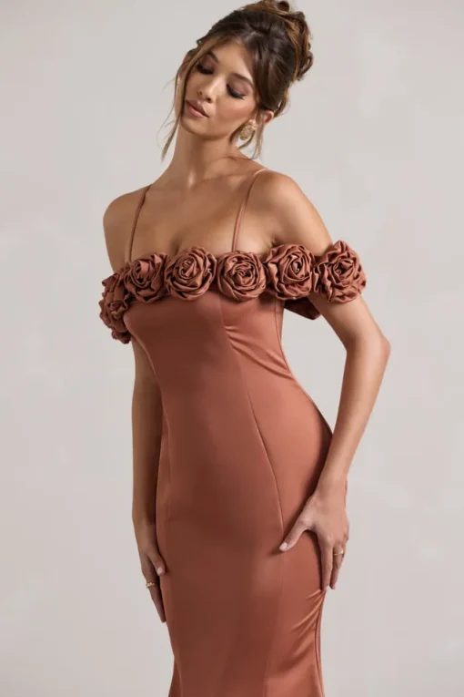 Petunia | Rust Satin Floral Bardot Midi Dress